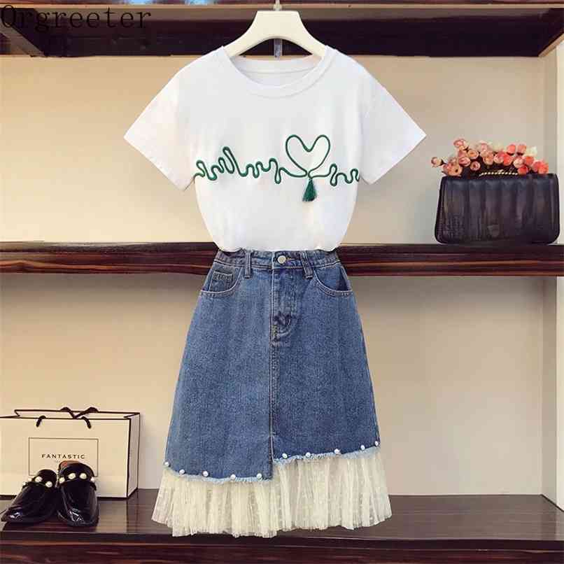 

Women Summer T-shirt Jeans Skirt Suit Girls Sweet Embroidery Tassel Cotton Tee With Beaded Mesh Patchwork Denim Sets 210602, 2 piece set