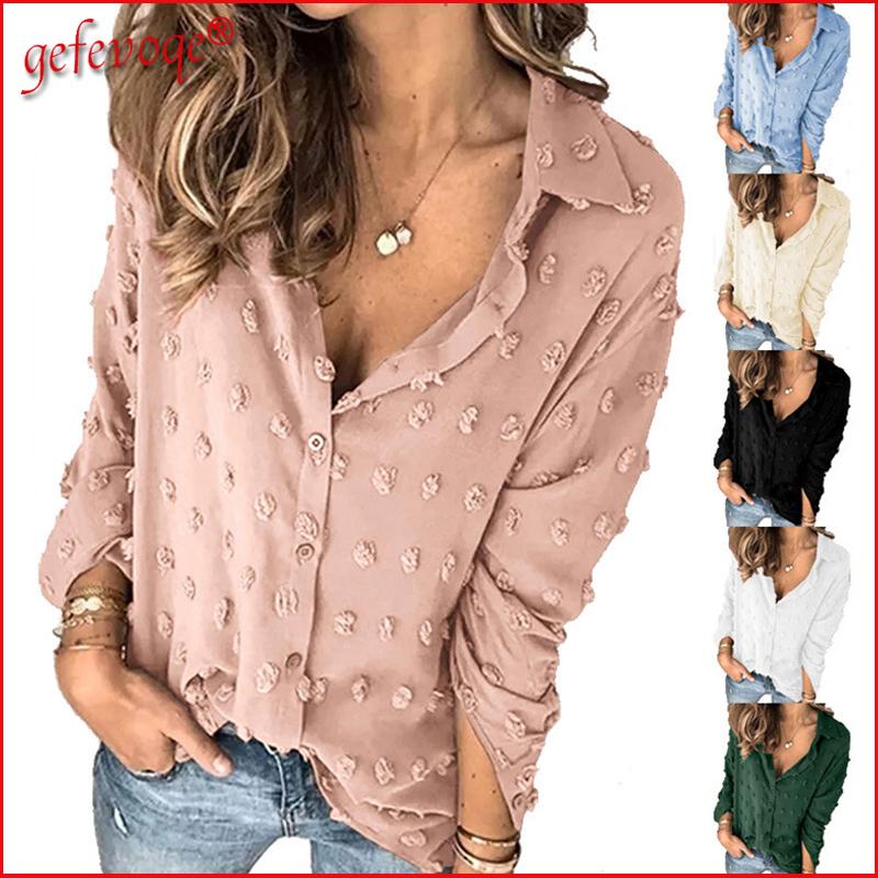 

Women's Blouses & Shirts 2021 Fashion Spring Summer Clothing Women Elegant Office Lady Casual Polka Dot Button Up Shirt Blouse Plus Size Top, Longgreen
