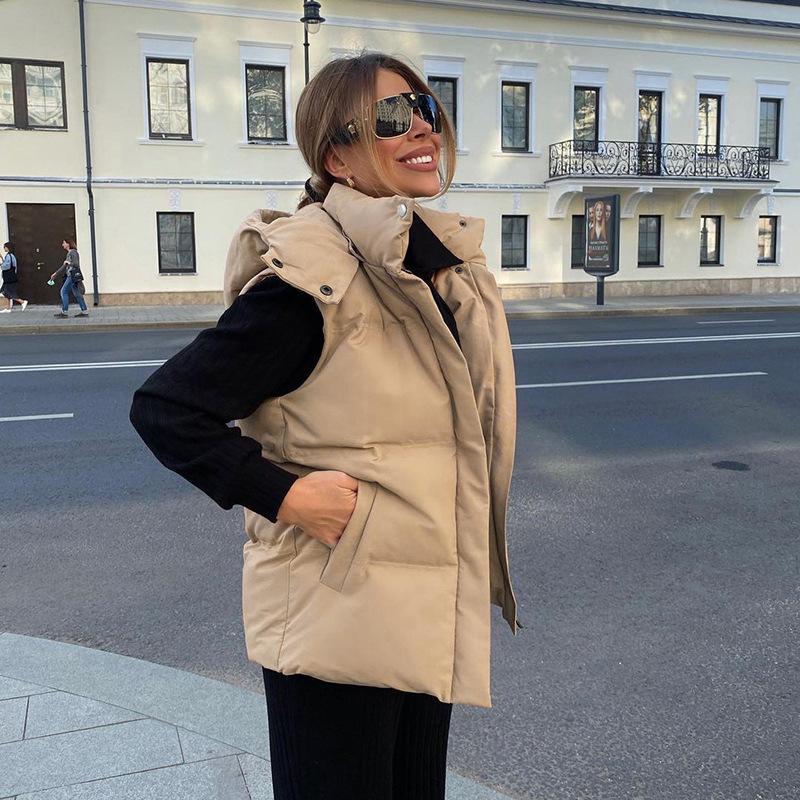 

Women' Vests Warm Vest Solid Color Waistcoat Early Winter Style Hooded Thick Korean Fashion Casual Stand-up Collar Woolen Coat, Black