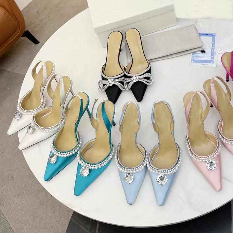 

fashion High heeled sandals 100% Leather summer Women Fine heel Heels shoe sexy Pearl Satin Womens Shoes cloth lady Diamonds Pointed shoes Large size 35-41-42 With box, Extra box
