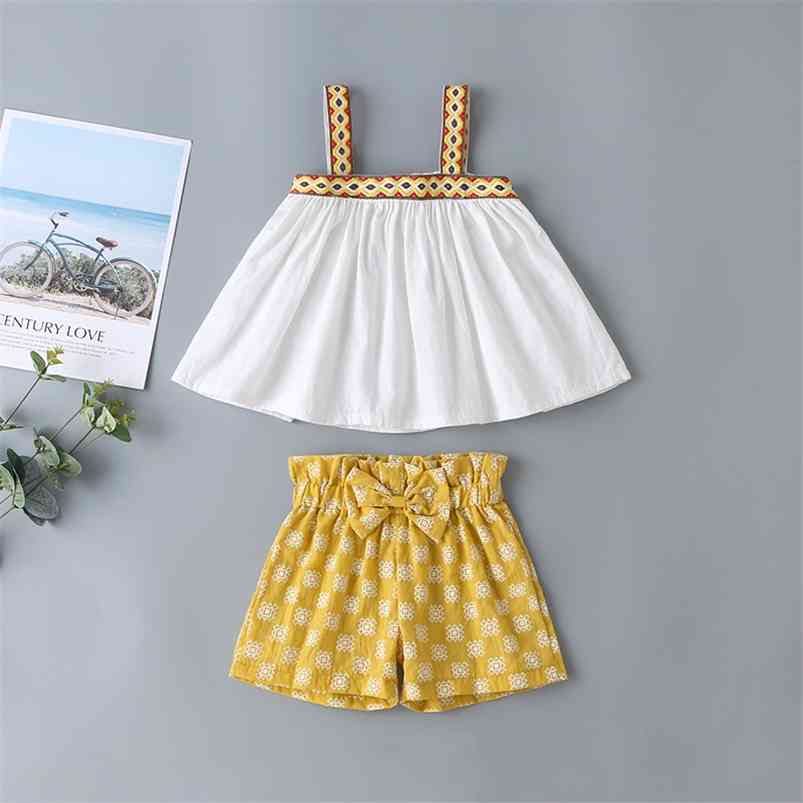 

Summer Infant Rompers Clothes Strap Print Tops Bow Yellow Shorts Baby Girls Costume 12M-5T 210629, White