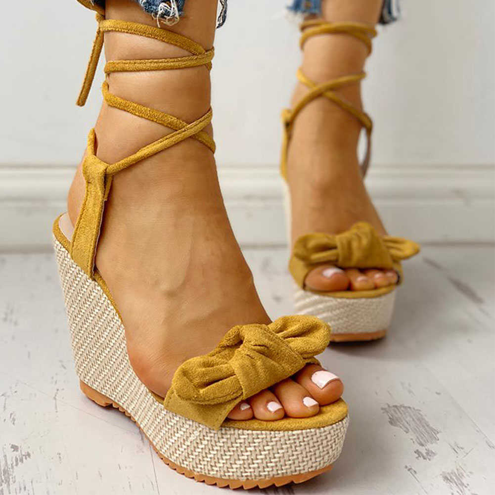 

Karinluna New Wholesale Wedges Shoes High Heels Casual Platform Fashion Sweet Bow Summer ankle-wrap Women Woman Sandals Y0721, Beige