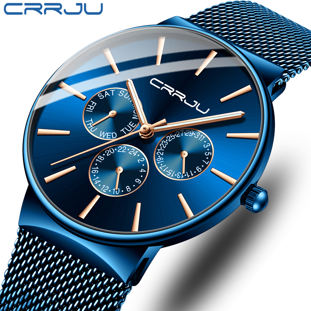 

2021 New Men Watches CRRJU Top Brand Business Chronograph Waterproof Sport Automatic Date Quartz Watch For Men Relogio Masculinog, Blue gold
