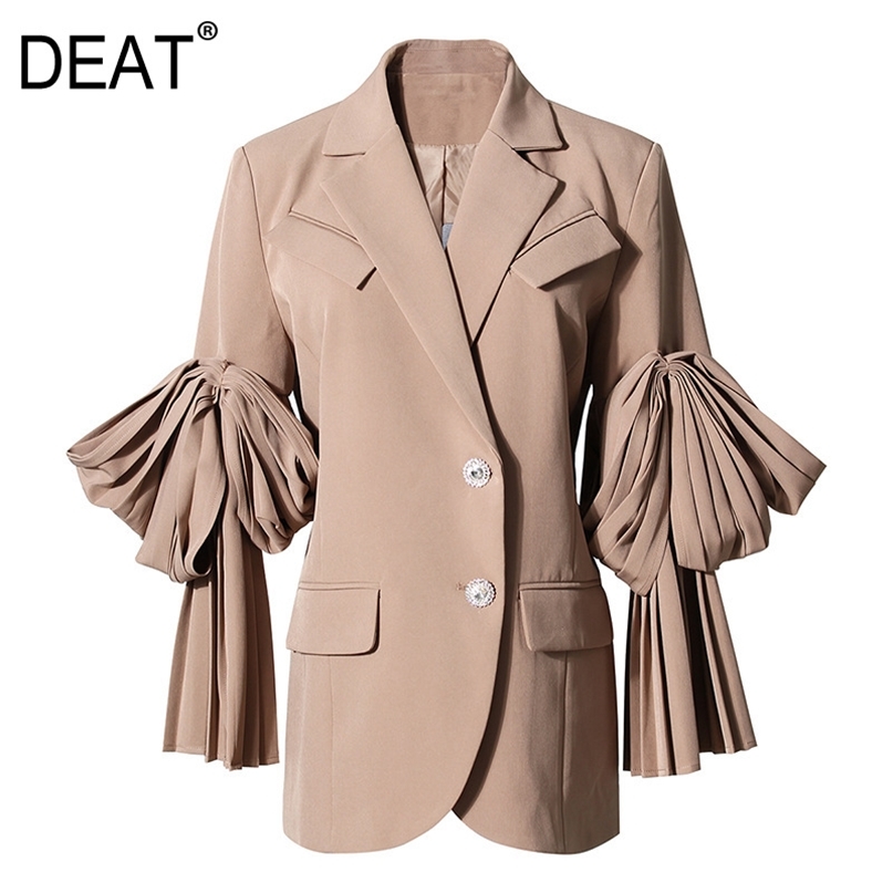 

[DEAT] Notched Collar Long Sleeve Solid Suit Coat Women Korean Loose Waist Versatile Top Female Autumn Winter GX877 211019, Apricot