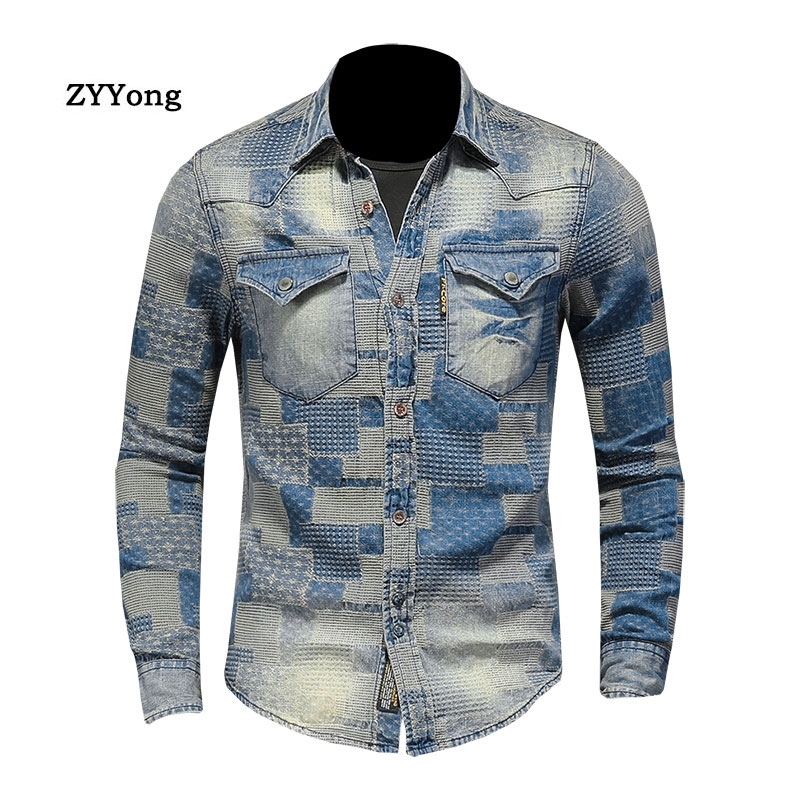 

ZYYong Lapel Long Sleeve Patch Retro Men Denim Shirt Literary Personality Lattice Motorcycle Style Casual Long Sleeve Thin Coat 210225, Blue