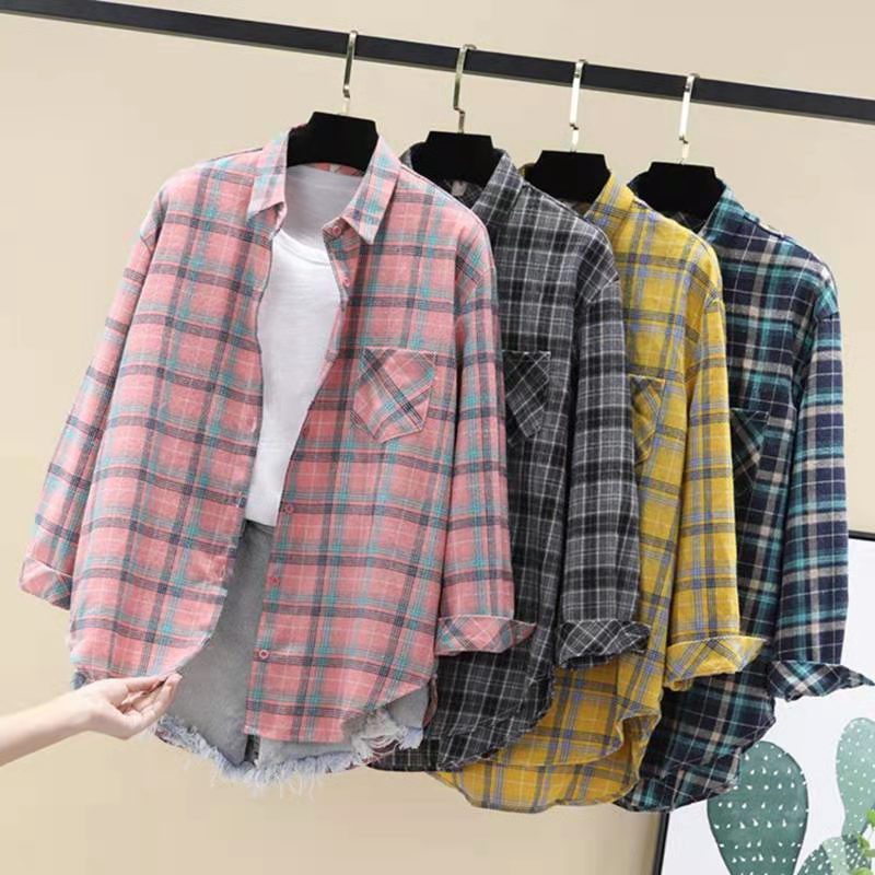 

2021 Spring Summer Fashion Women Plaid Shirt Chic Checked Blouse Long Sleeve Female Casual Print Shirts Loose Cotton Tops Blusas, White
