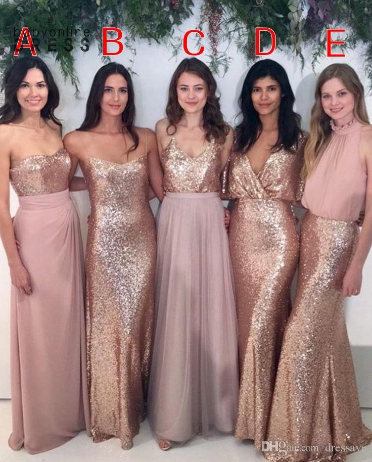 

Bridesmaid Dresses Mixed Blush Pink Chiffon with Rose Gold Sequined Floor Length Mixture Styles Country Wedding Party Gowns