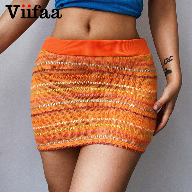 

Viifaa Multicolor Stripes Knitted Bodycon Elastic High Waist Mini Skirts for Womens 2021 Summer Clothes Beach Casual Skirthigh quality, Brown