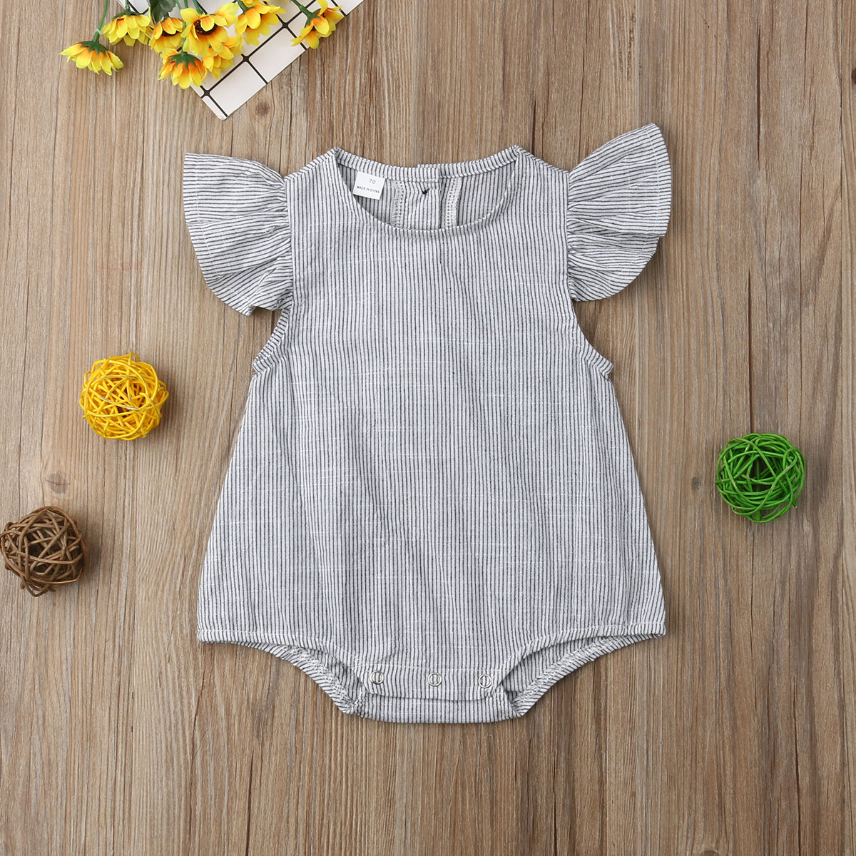 

Newborn Infant Kids Baby Girl Boy Romper Petal Sleeveless Striped Cotton Jumpsuit Playsuit Summer Clothes 0-18M, Default color
