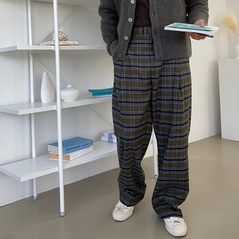 

2021 New Style Plaid Men's Fashion Casual Retro Wide-leg Men Streetwear Wild Straight Pants Mens Trousers -xl 3ilu, Coffee lattice