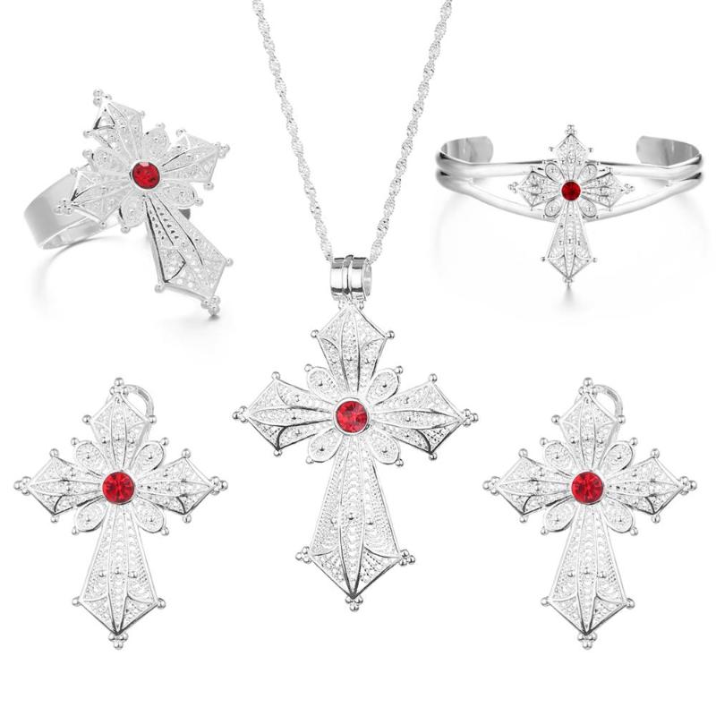 

Earrings & Necklace Ethiopian Silver Color Pendant Necklaces Ring Bangles Eritrean African Bride Trendy Jewelry Set