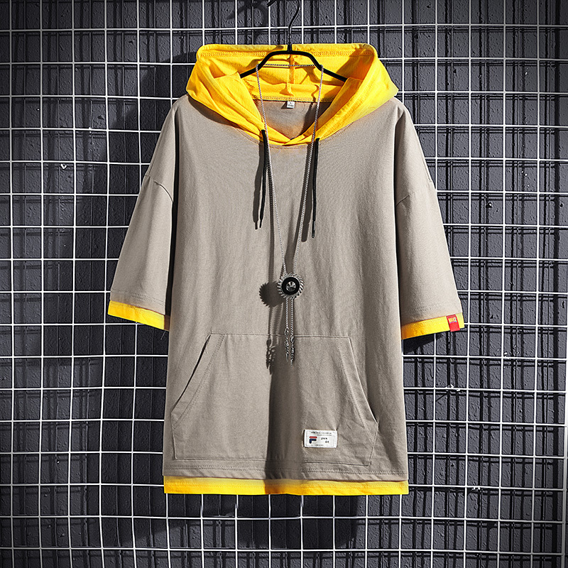 

2021 Spring Summer New Short-sleeved Men's Loose Korean Version Patchwork Fake Hooded Hoodies Versatile Hoodie Men Pcd8, Khaki