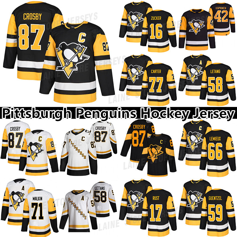 

Pittsburgh Penguins Jersey 87 Sidney Crosby 71 Evgeni Malkin 58 Kris Letang 16 Jason Zucker 77 Jeff Carter 66 Mario Lemieux hockey jerseys, Black