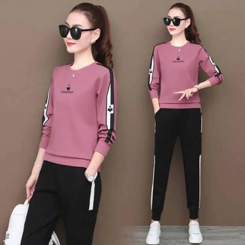 

Women's Two Piece Pants Suit Round Neck Western Style 2 Set Long Sleeve Clothes Korean Sports And Leisure Autumn Fashion Plus Size Waist, White