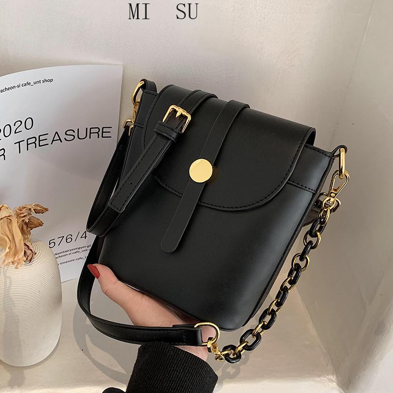 

Classic Designer Simple Solid Color PU Leather Crossbody Bag for Women 2021 Luxury Chain Black Bucket Shoulder Handbags