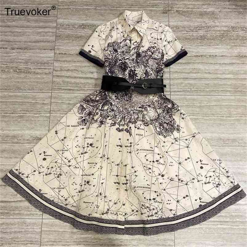 

Truevoker Summer Runway Fashion 100% Cotton Party Dress Lady Turn Down Collar Print Belted Mid Calf Length 210602, White