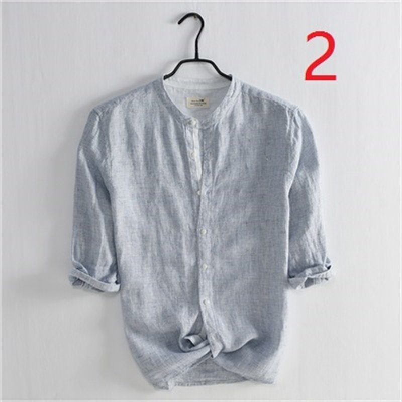 

2021 New Fresh Art Men's Linen Casual Small Stand Collar Seven-point Sleeve Shirt Striped Cotton 2imt