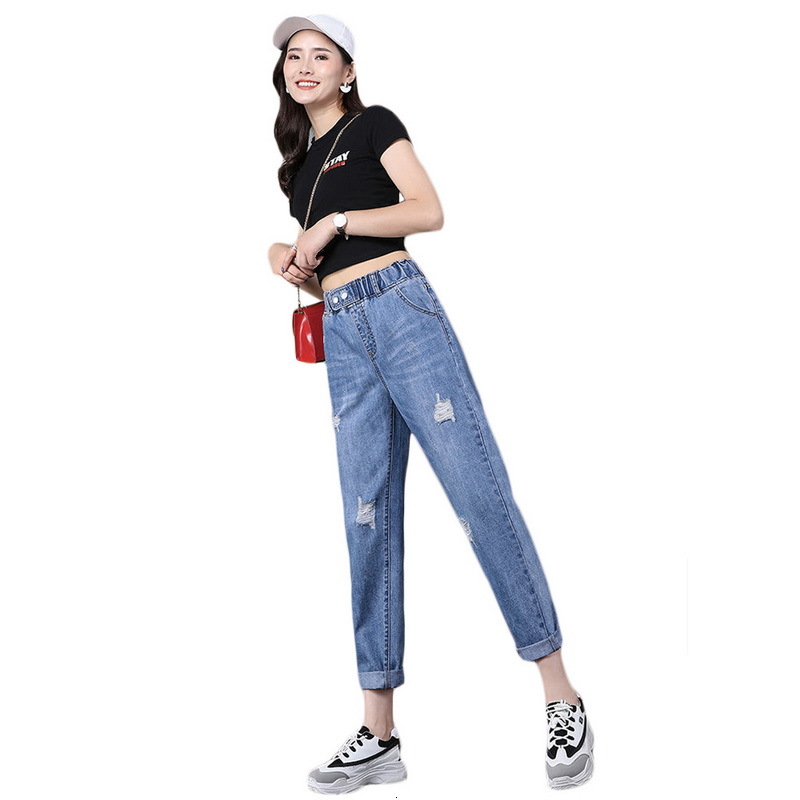 

2021 Fashion New for Woman Casual Elastic Waist High Harem Pants Straight Blue Jeans Pn1f, 02
