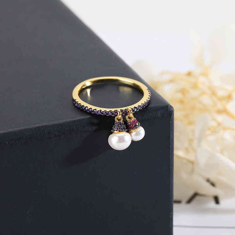

New Simple Exquisite Baroque Pearl Asymmetric Ring Purple Double Pearls Colorful Zirconia Jewelry Zk30