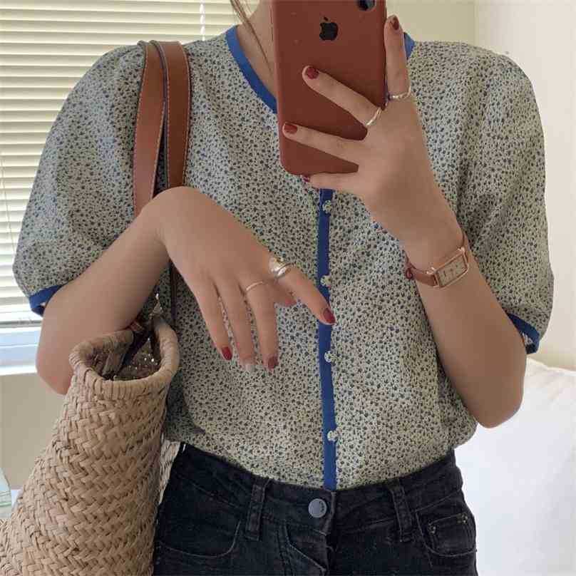 

Florals All Match Slim Vintage Printed Shirts Cardigans Elegance Sweet Gentle Summer Chic Office Lady Blouses Tops 210525, Blue