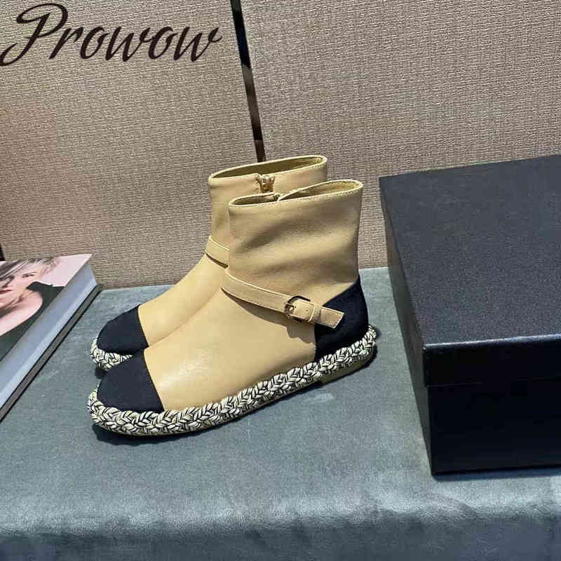 

Prowow Genuine Leathr Round Toe Brand Designer Espadrilles Boots buckle Strap Flats Shoes Women S1ND, Black