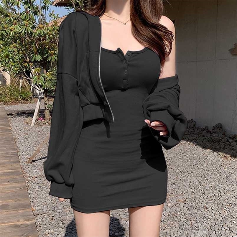 

Gray Zip Up Hoodie Crop Top And Strap Button Dress Cotton Two Piece Set Tracksuit Women Autumn Sweatsuit Outfits Streetwear 211109, Black women set