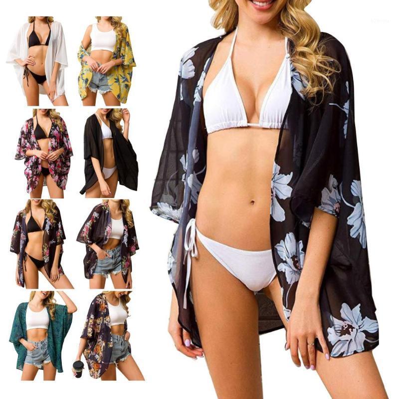 

Beach Coverups For Women Floral Print Half Sleeve Chiffon Cardigan Coverup Sun Screen Swinsuit Bikini Cover Up Women's Swimwear