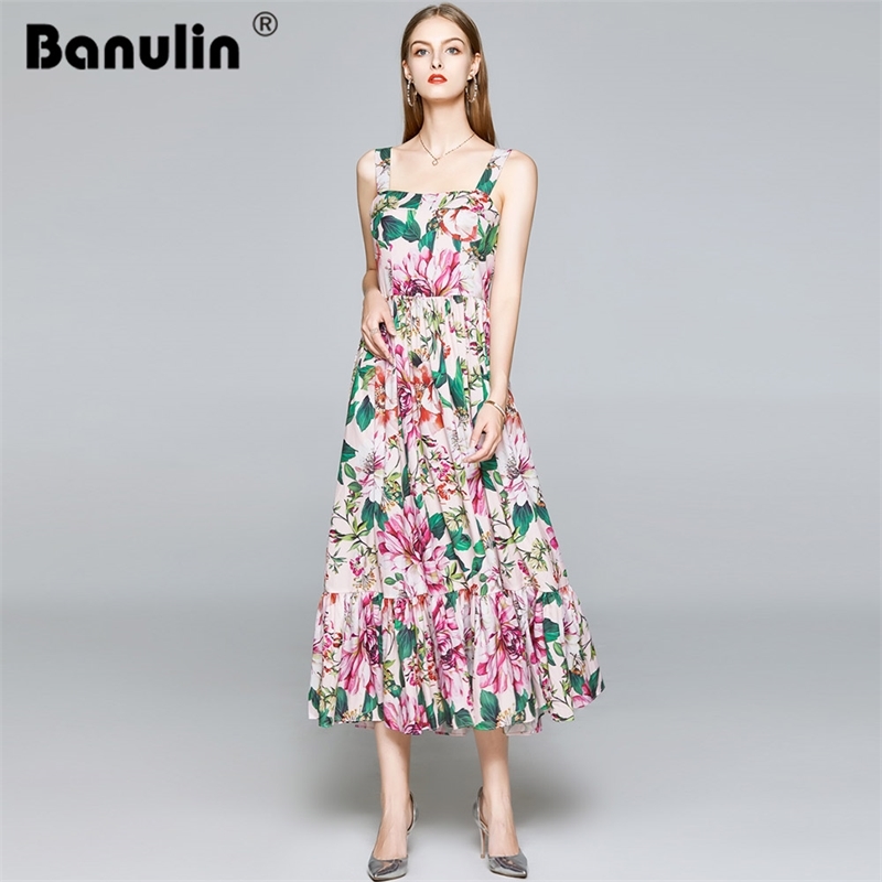 

Banulin Summer Runway Designer Spaghetti Strap Dress Women Elegant Floral Print Vacation A Line es Ladies Midi 210603, Pink