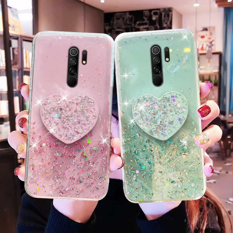 

For Xiaomi Redmi K20 Pro Poco F2 X2 Mi 9T Pro 9 T Case Luxury Bling Glitter Star Heart Holder Phone Cover, Black