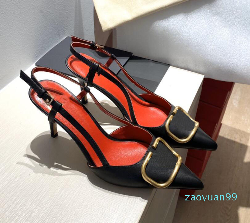 

new pointed toe stiletto sandals female hollow metal Baotou leather high-heeled shoes, 6cm 8cm, Black