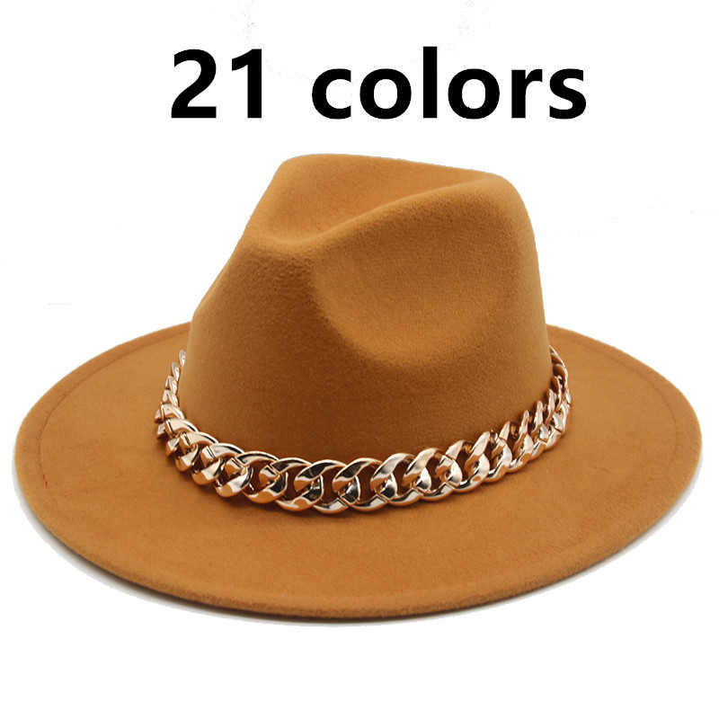 

2021 New Womens Wide Brim with Thick Gold Chain Band Belted Classic Beige Felted Hat Black Cowboy Jazz Caps Luxury Fedora Women Hats H4qc, Khaki02
