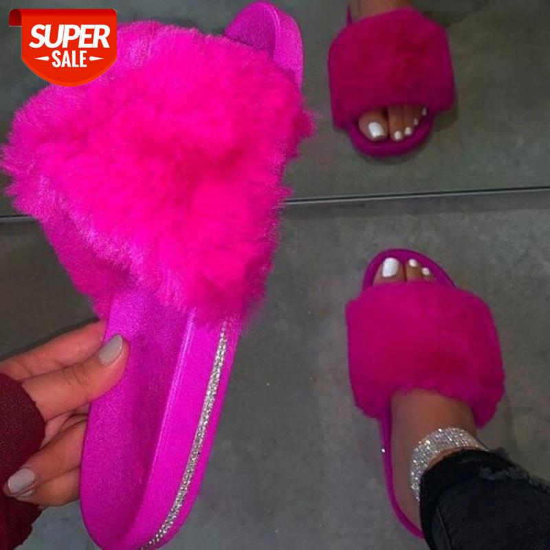 

Puimentiua Women Fur Slippers Shoes Furry Fluffy Slippers Summer Outdoor Home Shoes Female Flops Slides for Woman 2020 #A23J, Black