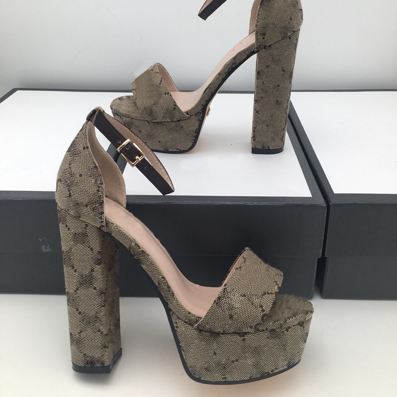 

2021 designer slides shoe woman high heel Fashion sandals summer women Buckle Strap heeled Platform chunky Rubber sole Khaki genuine leather Shoes quality sandal, Blue
