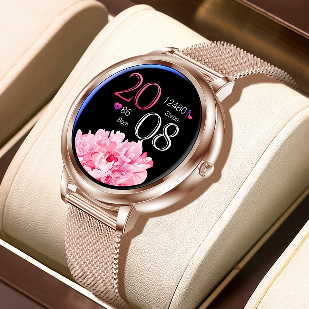 

MK20 Smart Watch 2021 Full Touch Screen 39mm Diameter Women Smartwatch For Ladies And Girls Compatible With Android and IOS, Pink leather strap