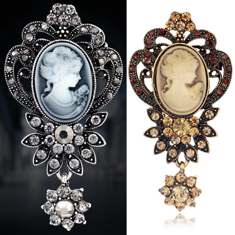 Pins, Brooches 2021 Fashion Antique Silver Color Vintage Brooch Pins Elegant Beauty Queen Cameo Rhinestone For Women Broches-image-707211528