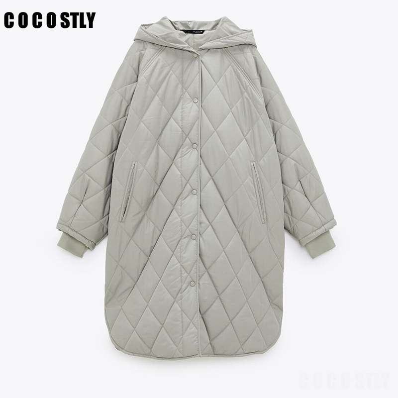 

New ZA Coat Winter Oversize Vintage Plaid Hooded Parka Women Casual Poets Cotton Jaets Coat Loose Long Outwear Female, Black