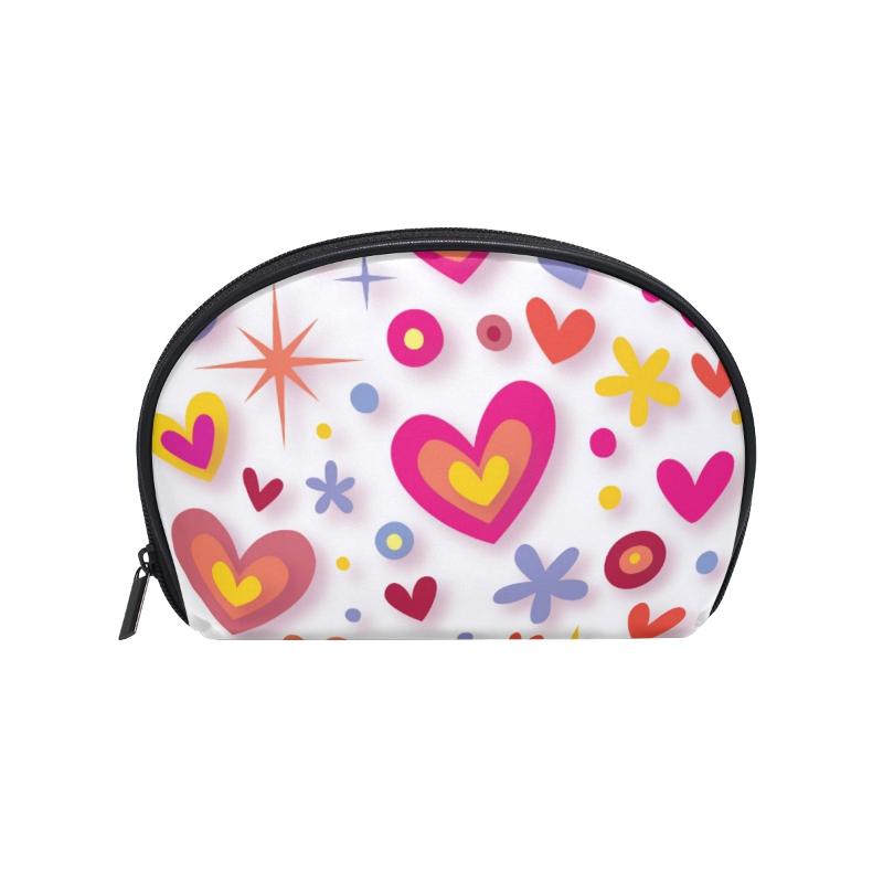 

FengJu Multifuncition Shell Cosmetic bag Purse Half Moon Hanging Travel Toiletry Pouch for Girls Woman Hearts Flowers Stars, As pic