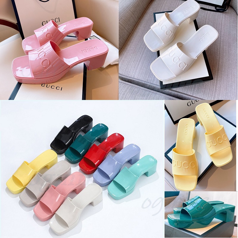 

With Box Women Rubber High Heel Slide Sandal 5.5cm Platform Slipper Pink Green Candy Colors Outdoor Beach Slides Slippers Flip Flops, Short silk stockings [random 2 pairs]