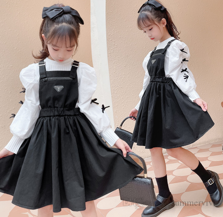 

Big kids princess clothes sets girls Bows puff sleeve bottomings shirt+suspender pleated dress 2pcs autumn children clothing Q1686, Customize