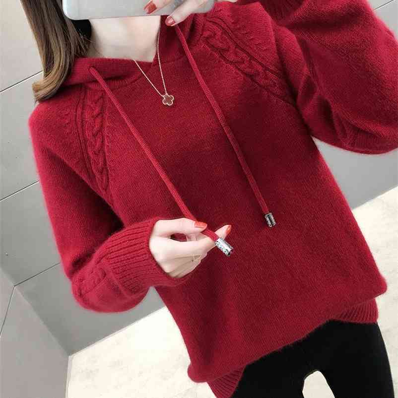 

red pullover sweater women loose outer wear autumn clothes lazy style hooded knitted pure color 210603, Rose red