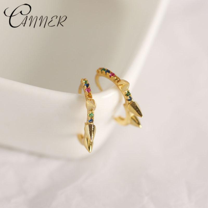 

Stud CANNER Rainbow CZ Huggie Earrings Women Colorful Crystal Rivet Jewelry 925 Sterling Silver, Golden;silver
