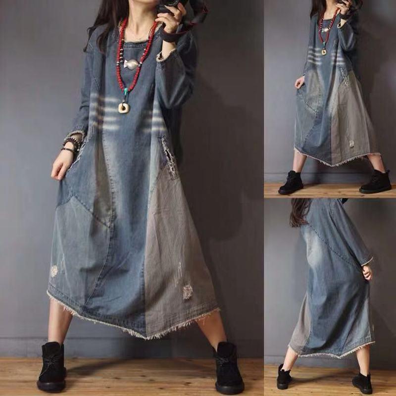 

Casual Dresses Lady Loose Ripped Denim Dress For Women 2022 Chinese Vintage Style Distressed, Black;gray