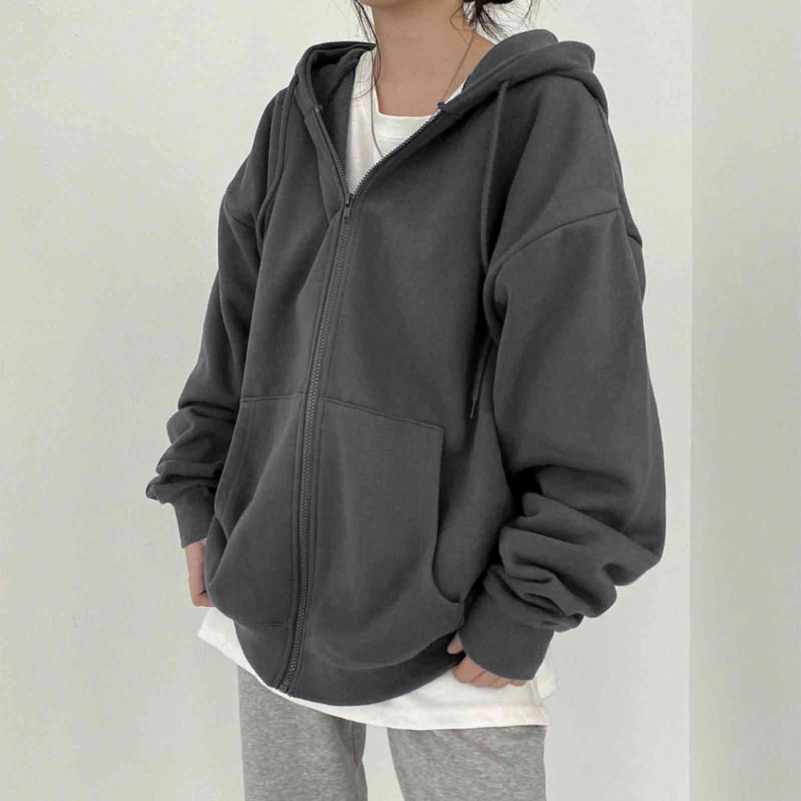 

Y2k Streetwear Fashion Hoodies Women Grunge Unicolor Sweatshirts Women Long Sleeve Pockets Zipper Up Hoody Outwear Clothes, 11