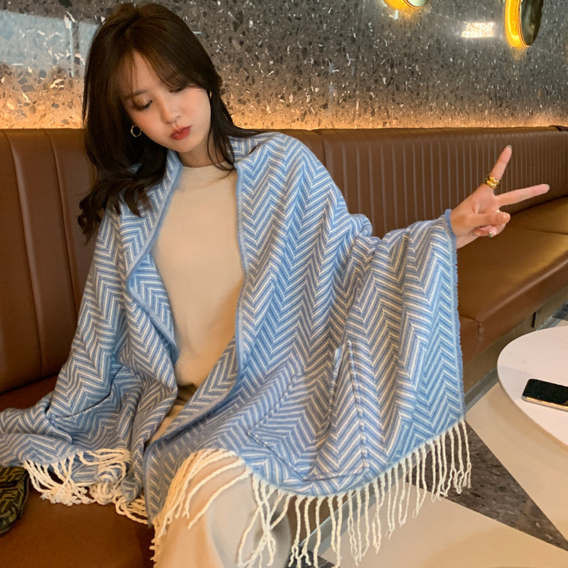 

Japanese Style Herringbone Pattern Classic Tassel Scarf Womens Korean-Style Multi-Functional Shawl Autumn and Winter Thickened Warm Scarf