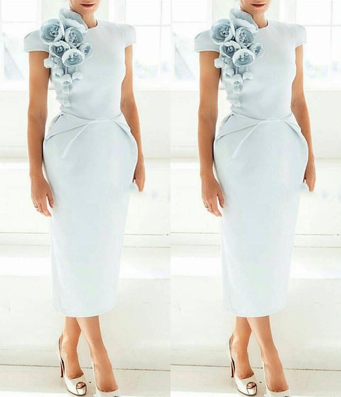 

New Short Sleeves Tea Length Sky Blue Evening Formal with 3d Flowers 2021 Prom Party Gowns Robe De Soriee 06wi, White