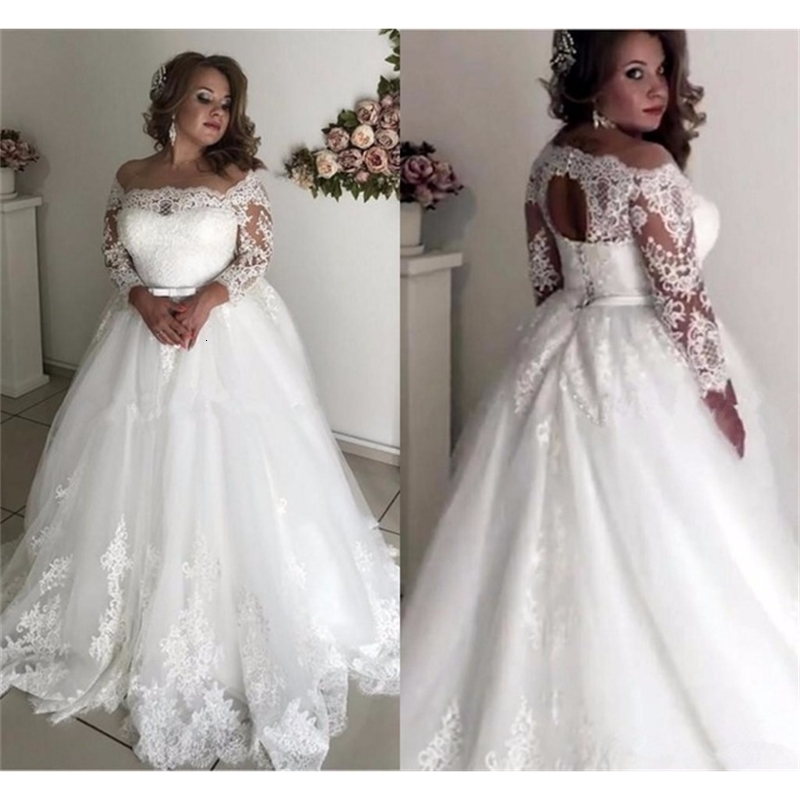 

2021 New Plus Size Wedding Es Sheer Neck Long Sleeve Appliques Illusion Sash Hollow Back Garden Country Bridal Gowns Robe De Mariee P2rw, White