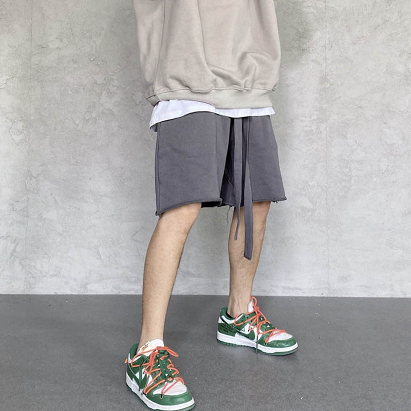 

Ribbons Pockets Shorts Mens Elastic Waist Solid Washed Casual Track Shorts High Street Oversize Knee Length Pants, Black