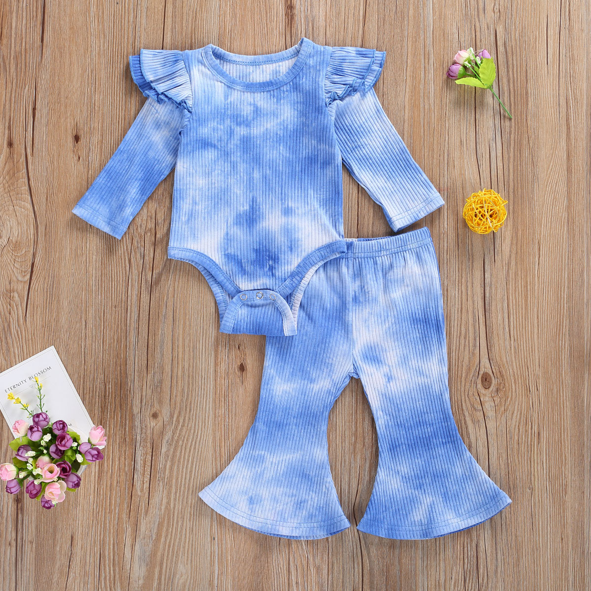 

2021 Baby Spring Autumn Clothing 0-24M Infant Newborn Tie Dye Ribbed Clothes Set Long Sleeve Ruffled Tops Bodysuits Flare Pants