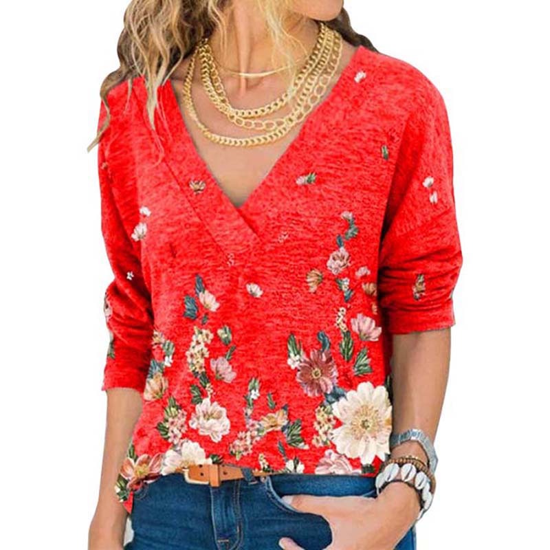

2021 New Floral Print Oversized t Shirts Womens Clothes Spring Casual Fashion v Neck Long Sleeve Tops Vintage Tee Shirt Femme Cls7, Red