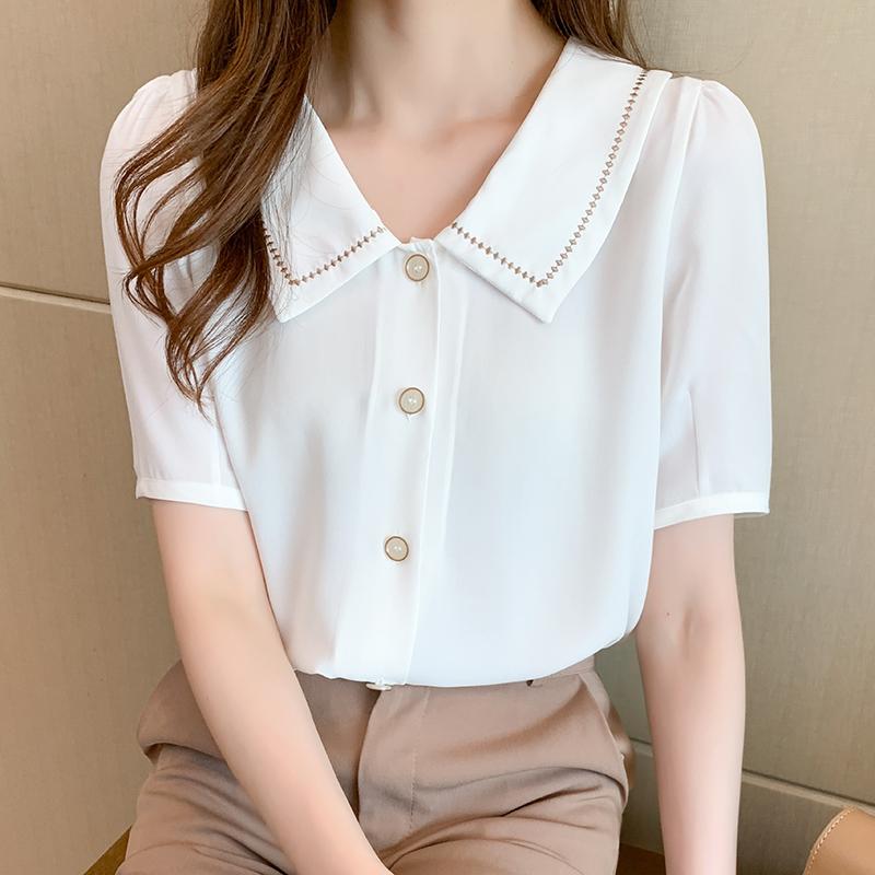 

Women' Blouses & Shirts Retro Solid Color White Chiffon Shirt Female Loose Short Sleeve Doll Collar Lady Simple Style Tops